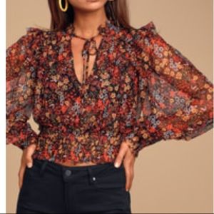 Free People TWYLA sheer floral print smocked shirt